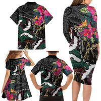 Hawaiian and Japanese Culture Family Matching Long Sleeve Bodycon Dress and Hawaiian Shirt Crane Sakura Hibiscus Tropical Vibes LT14 - Polynesian Pride