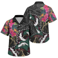Hawaiian and Japanese Culture Family Matching Off The Shoulder Long Sleeve Dress and Hawaiian Shirt Crane Sakura Hibiscus Tropical Vibes LT14 Son's Shirt Black - Polynesian Pride