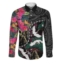 Hawaiian and Japanese Culture Family Matching Off Shoulder Maxi Dress and Hawaiian Shirt Crane Sakura Hibiscus Tropical Vibes LT14 Dad's Shirt - Long Sleeve Black - Polynesian Pride