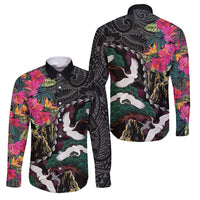 Hawaiian and Japanese Culture Family Matching Off Shoulder Short Dress and Hawaiian Shirt Crane Sakura Hibiscus Tropical Vibes LT14 Dad's Shirt - Long Sleeve Black - Polynesian Pride