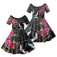 Hawaiian and Japanese Culture Family Matching Off Shoulder Short Dress and Hawaiian Shirt Crane Sakura Hibiscus Tropical Vibes LT14 Daughter's Dress Black - Polynesian Pride