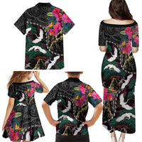 Hawaiian and Japanese Culture Family Matching Puletasi and Hawaiian Shirt Crane Sakura Hibiscus Tropical Vibes LT14 Mom's Dress Black - Polynesian Pride