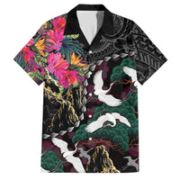 Hawaiian and Japanese Culture Family Matching Puletasi and Hawaiian Shirt Crane Sakura Hibiscus Tropical Vibes LT14 Dad's Shirt - Short Sleeve Black - Polynesian Pride