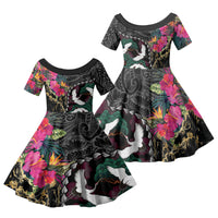 Hawaiian and Japanese Culture Family Matching Puletasi and Hawaiian Shirt Crane Sakura Hibiscus Tropical Vibes LT14 Daughter's Dress Black - Polynesian Pride