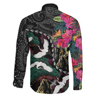 Hawaiian and Japanese Culture Family Matching Puletasi and Hawaiian Shirt Crane Sakura Hibiscus Tropical Vibes LT14 Son's Shirt Black - Polynesian Pride