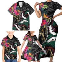 Hawaiian and Japanese Culture Family Matching Short Sleeve Bodycon Dress and Hawaiian Shirt Crane Sakura Hibiscus Tropical Vibes LT14 - Polynesian Pride