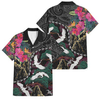 Hawaiian and Japanese Culture Family Matching Short Sleeve Bodycon Dress and Hawaiian Shirt Crane Sakura Hibiscus Tropical Vibes LT14 Dad's Shirt - Short Sleeve Black - Polynesian Pride