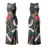Hawaiian and Japanese Culture Family Matching Tank Maxi Dress and Hawaiian Shirt Crane Sakura Hibiscus Tropical Vibes LT14 Mom's Dress Black - Polynesian Pride