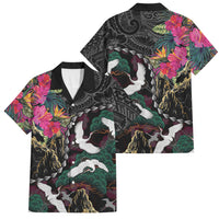 Hawaiian and Japanese Culture Family Matching Tank Maxi Dress and Hawaiian Shirt Crane Sakura Hibiscus Tropical Vibes LT14 Dad's Shirt - Short Sleeve Black - Polynesian Pride