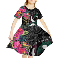 Hawaiian and Japanese Culture Kid Short Sleeve Dress Crane Sakura Hibiscus Tropical Vibes LT14 - Polynesian Pride
