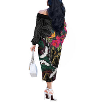Hawaiian and Japanese Culture Off The Shoulder Long Sleeve Dress Crane Sakura Hibiscus Tropical Vibes LT14 - Polynesian Pride