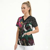 Hawaiian and Japanese Culture Scrub Top Crane Sakura Hibiscus Tropical Vibes