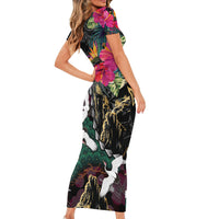 Hawaiian and Japanese Culture Short Sleeve Bodycon Dress Crane Sakura Hibiscus Tropical Vibes LT14 - Polynesian Pride