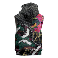 Hawaiian and Japanese Culture Sleeveless Zip Hoodie Crane Sakura Hibiscus Tropical Vibes