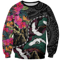 Hawaiian and Japanese Culture Sweatshirt Crane Sakura Hibiscus Tropical Vibes