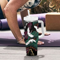 Hawaiian and Japanese Culture Tumbler With Handle Crane Sakura Hibiscus Tropical Vibes
