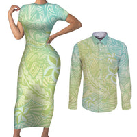 Baby Green Gradient Polynesia Couples Matching Short Sleeve Bodycon Dress and Long Sleeve Button Shirt Hawaiian Tribal Hammerhead Shark Tattoo
