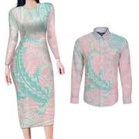Baby Pink Gradient Polynesia Couples Matching Long Sleeve Bodycon Dress and Long Sleeve Button Shirt Hawaiian Tribal Hammerhead Shark Tattoo