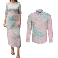 Baby Pink Gradient Polynesia Couples Matching Puletasi and Long Sleeve Button Shirt Hawaiian Tribal Hammerhead Shark Tattoo