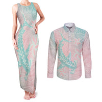 Baby Pink Gradient Polynesia Couples Matching Tank Maxi Dress and Long Sleeve Button Shirt Hawaiian Tribal Hammerhead Shark Tattoo