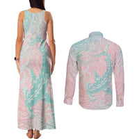 Baby Pink Gradient Polynesia Couples Matching Tank Maxi Dress and Long Sleeve Button Shirt Hawaiian Tribal Hammerhead Shark Tattoo