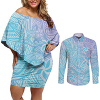 Baby Blue Gradient Polynesia Couples Matching Off Shoulder Short Dress and Long Sleeve Button Shirt Hawaiian Tribal Hammerhead Shark Tattoo