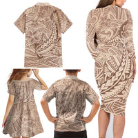 Pastel Brown Polynesia Family Matching Long Sleeve Bodycon Dress and Hawaiian Shirt Hawaiian Tribal Hammerhead Shark Tattoo LT14 - Polynesian Pride
