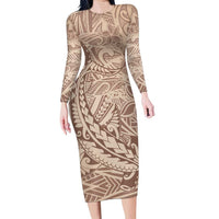 Pastel Brown Polynesia Family Matching Long Sleeve Bodycon Dress and Hawaiian Shirt Hawaiian Tribal Hammerhead Shark Tattoo LT14 Mom's Dress Pastel Brown - Polynesian Pride