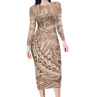 Pastel Brown Polynesia Long Sleeve Bodycon Dress Hawaiian Tribal Hammerhead Shark Tattoo LT14 Long Dress Pastel Brown - Polynesian Pride