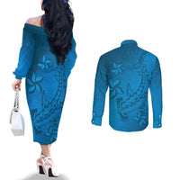 Blue Gradient Polynesia Couples Matching Off The Shoulder Long Sleeve Dress and Long Sleeve Button Shirt Hawaiian Tribal Hammerhead Shark Tattoo