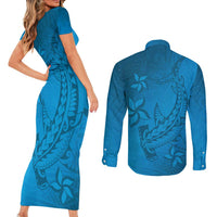 Blue Gradient Polynesia Couples Matching Short Sleeve Bodycon Dress and Long Sleeve Button Shirt Hawaiian Tribal Hammerhead Shark Tattoo