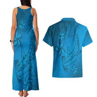 Blue Gradient Polynesia Couples Matching Tank Maxi Dress and Hawaiian Shirt Hawaiian Tribal Hammerhead Shark Tattoo