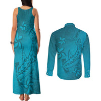 Dark Cyan Gradient Polynesia Couples Matching Tank Maxi Dress and Long Sleeve Button Shirt Hawaiian Tribal Hammerhead Shark Tattoo