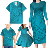 Dark Cyan Gradient Polynesia Family Matching Long Sleeve Bodycon Dress and Hawaiian Shirt Hawaiian Tribal Hammerhead Shark Tattoo LT14 - Polynesian Pride