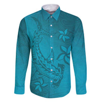Dark Cyan Gradient Polynesia Family Matching Long Sleeve Bodycon Dress and Hawaiian Shirt Hawaiian Tribal Hammerhead Shark Tattoo LT14 Dad's Shirt - Long Sleeve Dark Cyan - Polynesian Pride