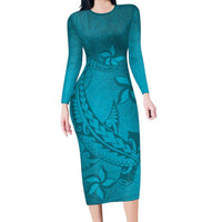 Dark Cyan Gradient Polynesia Family Matching Long Sleeve Bodycon Dress and Hawaiian Shirt Hawaiian Tribal Hammerhead Shark Tattoo LT14 Mom's Dress Dark Cyan - Polynesian Pride