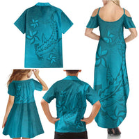 Dark Cyan Gradient Polynesia Family Matching Summer Maxi Dress and Hawaiian Shirt Hawaiian Tribal Hammerhead Shark Tattoo LT14 - Polynesian Pride