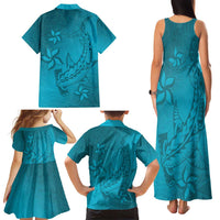 Dark Cyan Gradient Polynesia Family Matching Tank Maxi Dress and Hawaiian Shirt Hawaiian Tribal Hammerhead Shark Tattoo
