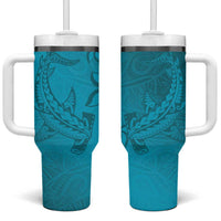 Dark Cyan Gradient Polynesia Tumbler With Handle Hawaiian Tribal Hammerhead Shark Tattoo