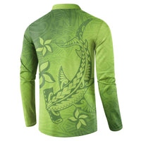 Green Gradient Polynesia Button Sweatshirt Hawaiian Tribal Hammerhead Shark Tattoo