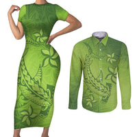 Green Gradient Polynesia Couples Matching Short Sleeve Bodycon Dress and Long Sleeve Button Shirt Hawaiian Tribal Hammerhead Shark Tattoo