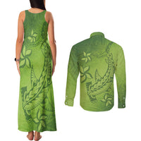 Green Gradient Polynesia Couples Matching Tank Maxi Dress and Long Sleeve Button Shirt Hawaiian Tribal Hammerhead Shark Tattoo