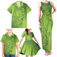 Green Gradient Polynesia Family Matching Tank Maxi Dress and Hawaiian Shirt Hawaiian Tribal Hammerhead Shark Tattoo