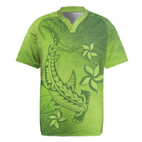 Green Gradient Polynesia Rugby Jersey Hawaiian Tribal Hammerhead Shark Tattoo