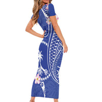 FSM Chuuk Constitution Day Short Sleeve Bodycon Dress Frangipani Flowers Polynesian Curves Style