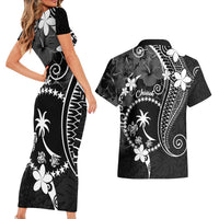 FSM Chuuk Couples Matching Short Sleeve Bodycon Dress and Hawaiian Shirt Turtle Tropical Flowers Polynesian - Black