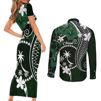 FSM Chuuk Couples Matching Short Sleeve Bodycon Dress and Long Sleeve Button Shirt Turtle Tropical Flowers Polynesian - Green
