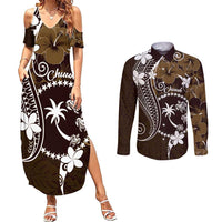 FSM Chuuk Couples Matching Summer Maxi Dress and Long Sleeve Button Shirt Turtle Tropical Flowers Polynesian - Brown LT14 Brown - Polynesian Pride