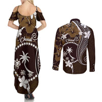 FSM Chuuk Couples Matching Summer Maxi Dress and Long Sleeve Button Shirt Turtle Tropical Flowers Polynesian - Brown LT14 - Polynesian Pride