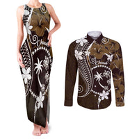 FSM Chuuk Couples Matching Tank Maxi Dress and Long Sleeve Button Shirt Turtle Tropical Flowers Polynesian - Brown LT14 Brown - Polynesian Pride